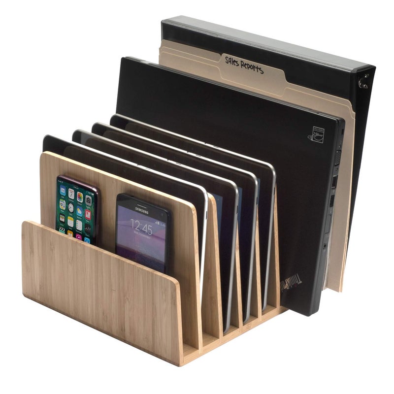 MobileVision Bamboo Device Organizer for Smartphones, Tablets and Laptops, 7 Slots With Extra Wide Slots for Laptops - Image 1
